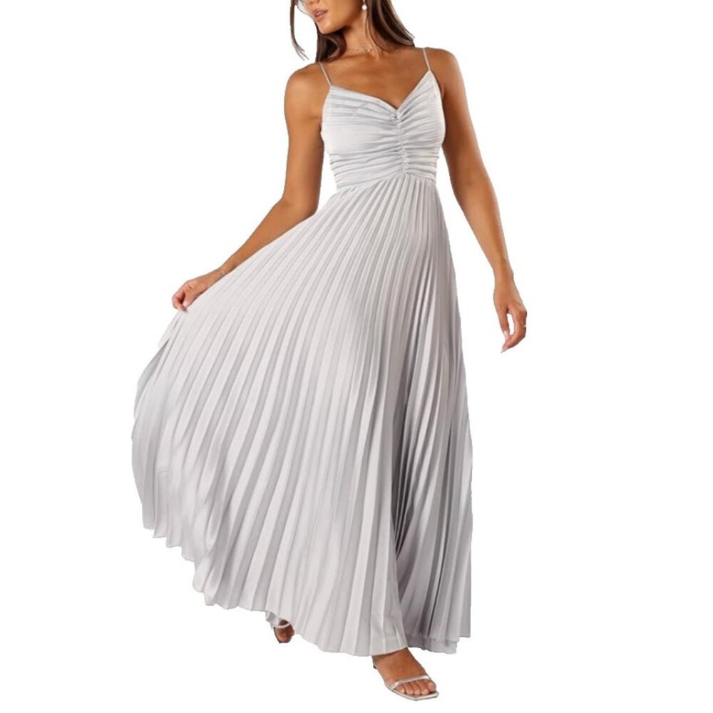 Petal & Pup Maxi Dress 6 Pleated V Neck Silver Gray Washable Party NEW